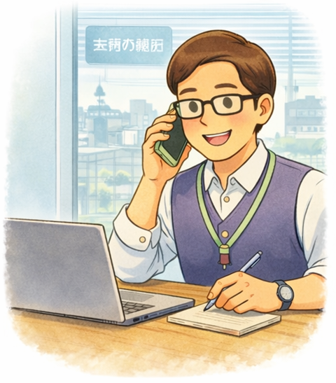 京都市南区でパソコン修理・設定の相談を電話で丁寧に聞いているエヌシーオー代表のイラスト